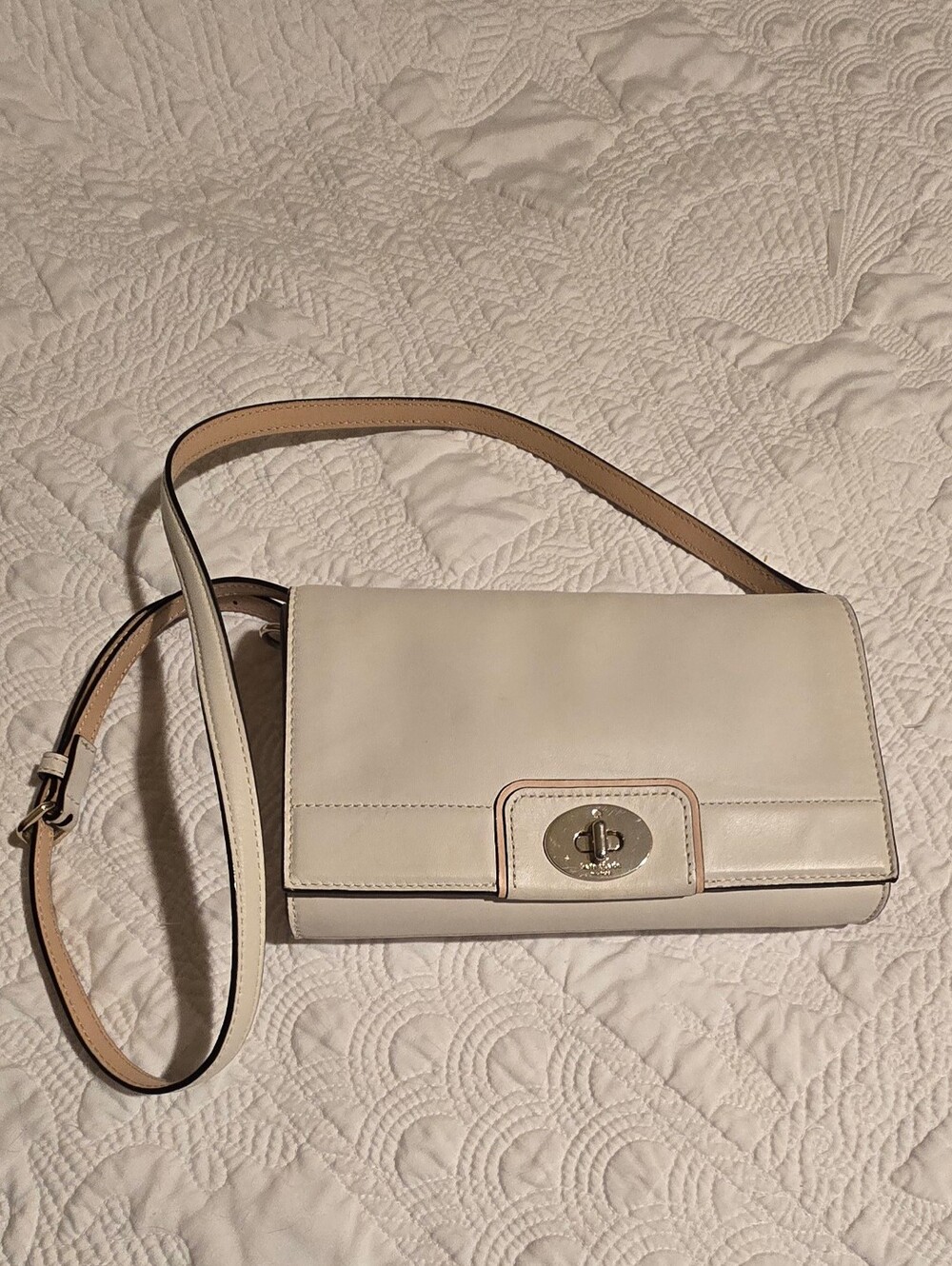 Kate Spade Hampton Road Juliana Cream Leather Crossbody Bag, Turn-Lock